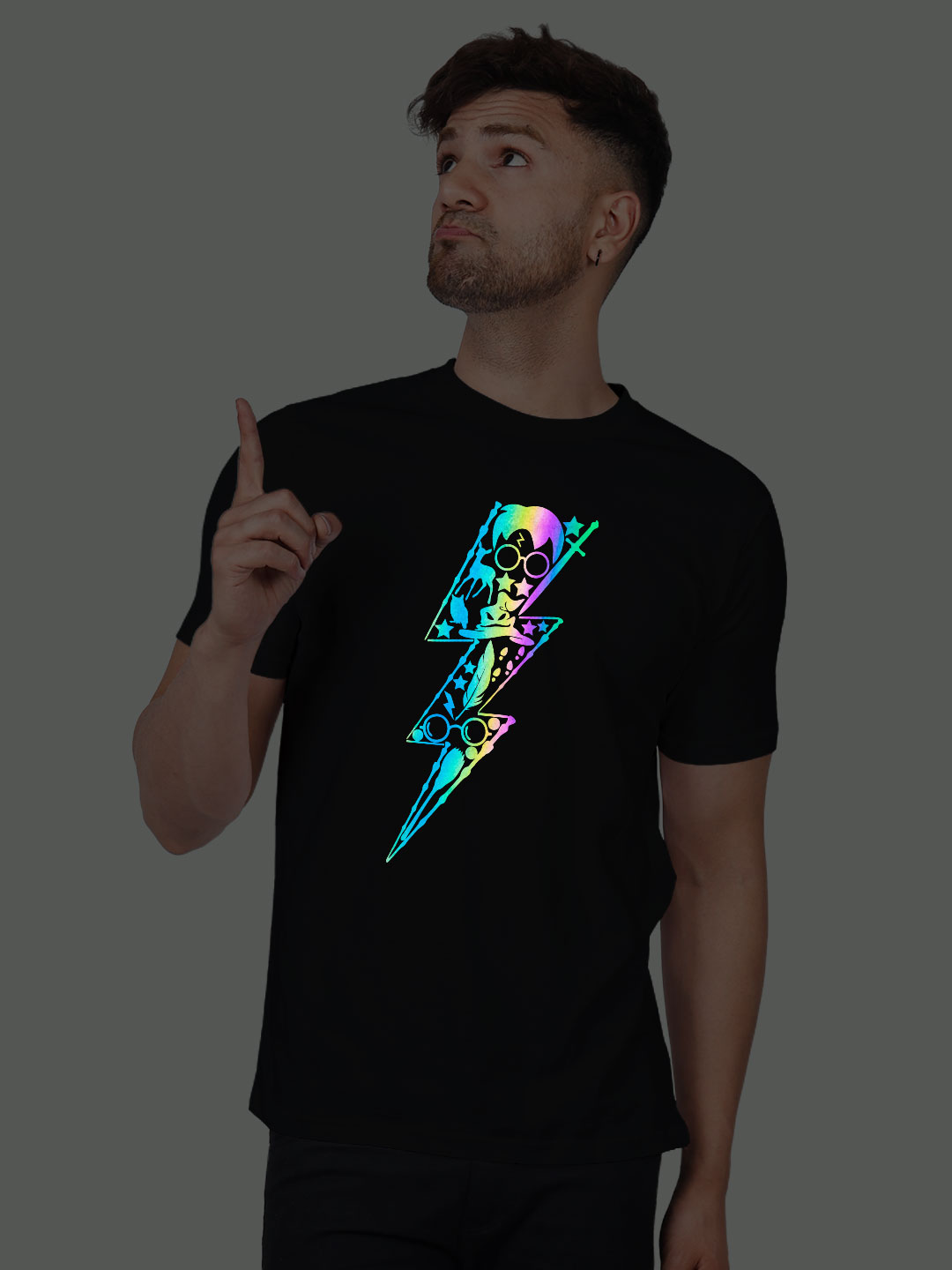 Black Cotton Halloween Men Rainbow Reflective T-shirt