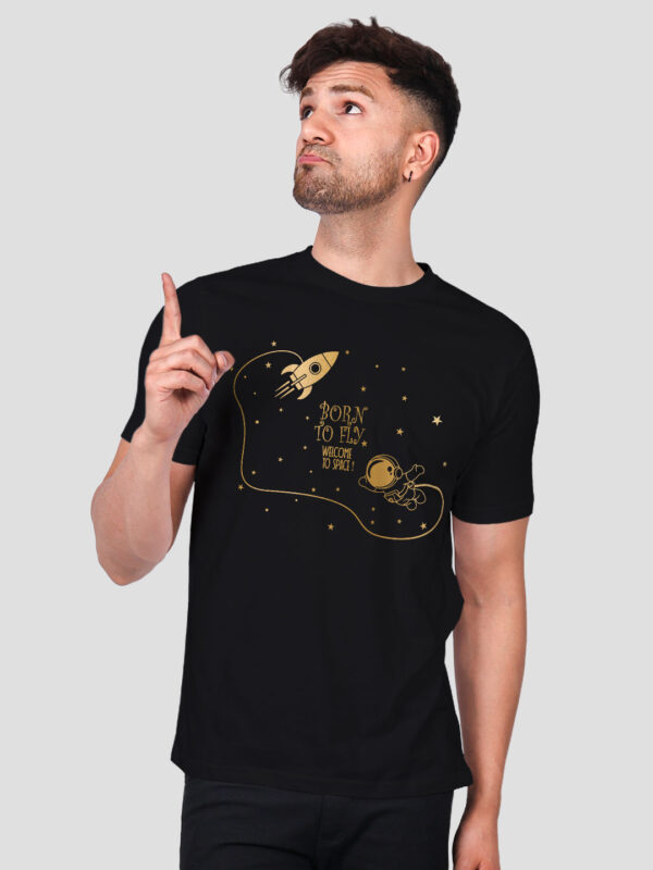 Black Cotton Astronaut Born to Fly Men Gold Printed T-shirt