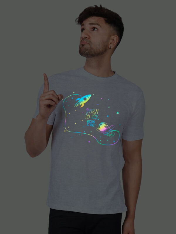 Grey Cotton Astronaut Born to Fly Men Rainbow Reflective T-shirt