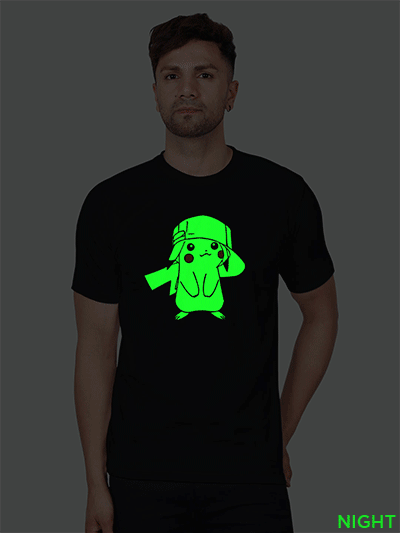 Black Cotton Pikachu Men Glow in Dark T-shirt