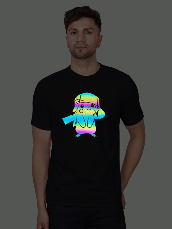 Black Cotton Pikachu Men Rainbow Reflective T-shirt