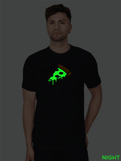Black Cotton Pizza Slice Men Glow in Dark T-shirt