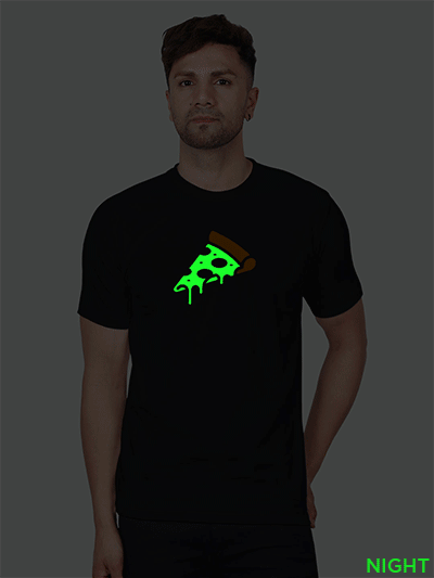 Black Cotton Pizza Slice Men Glow in Dark T-shirt