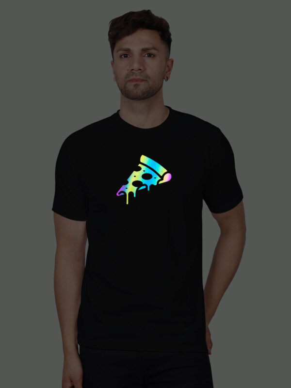 Black Cotton Pizza Slice Men Rainbow Reflective T-shirt