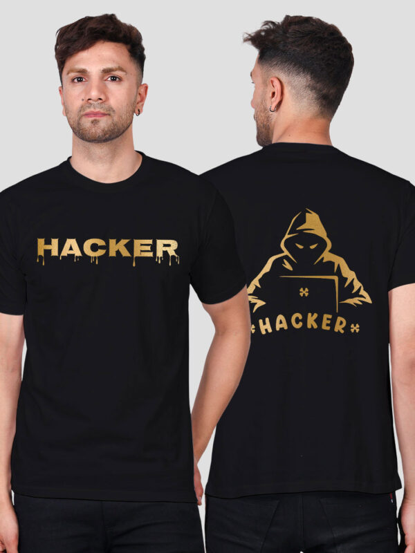 Black Cotton Hacker Men Gold Printed T-shirt