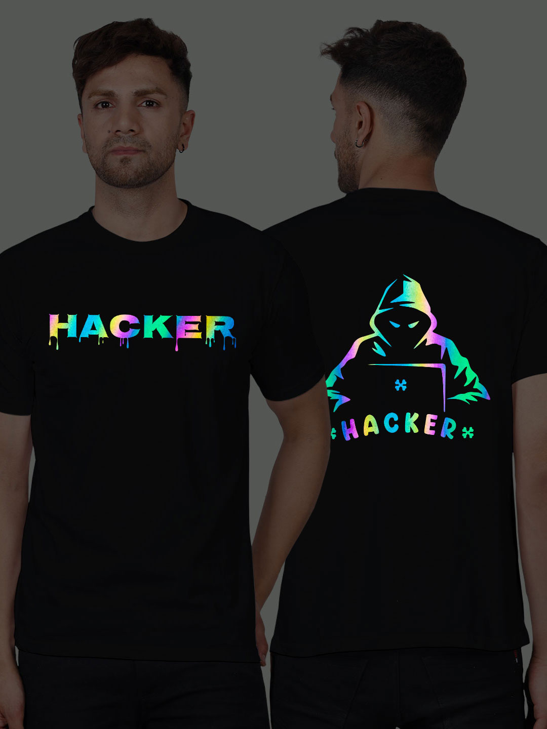 Black Cotton Hacker Men Rainbow Reflective T-shirt