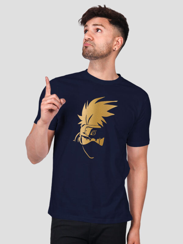 Nblue Cotton Kakashi Face Men Gold Printed T-shirt