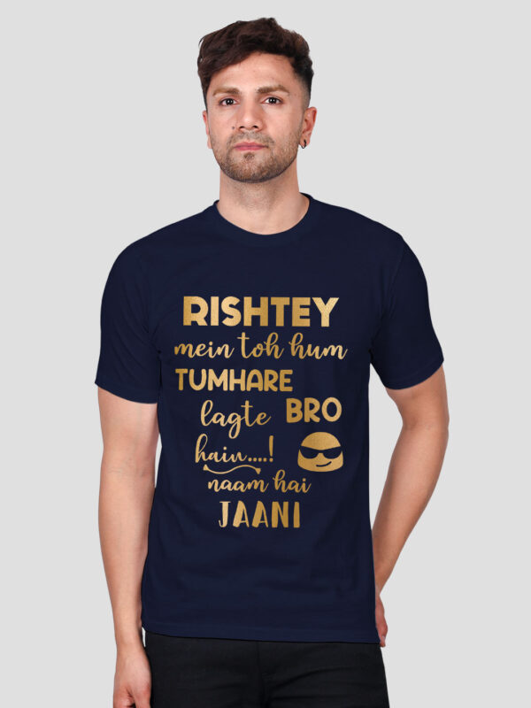 Nblue Cotton Ristey mein to toh hum tumhare Men Gold Printed T-shirt