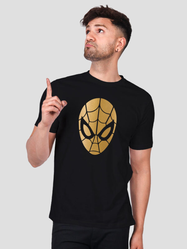 Black Cotton Spiderman Face Men Gold Printed T-shirt