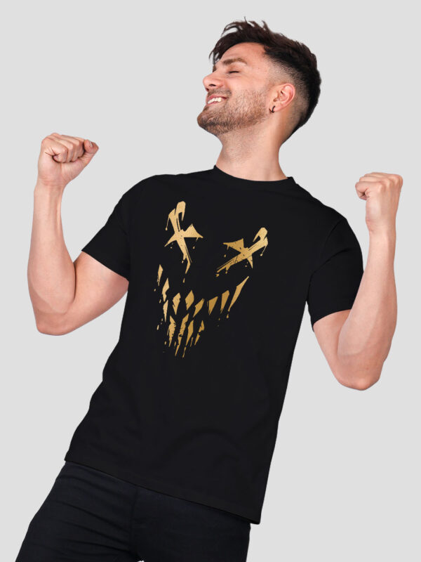 Black Cotton Halloween Smile Men Gold Printed T-shirt