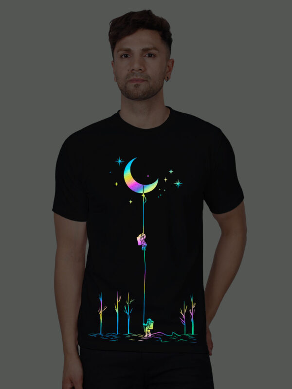 Black Cotton Astronaut and Moon Men Rainbow Reflective T-shirt