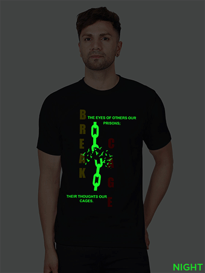 Black Cotton Break Cage Men Glow in Dark T-shirt
