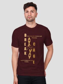 Maroon Cotton Break Cage Men Gold Printed T-shirt