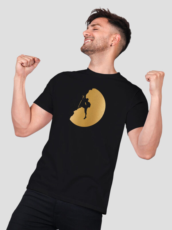 Black Cotton Trekking Men Gold Printed T-shirt
