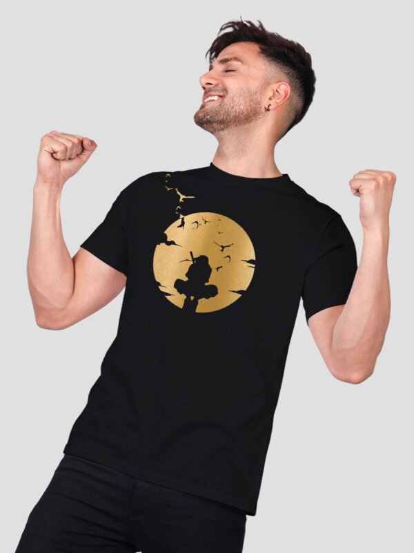 Black Cotton Naruto Men Gold Printed T-shirt