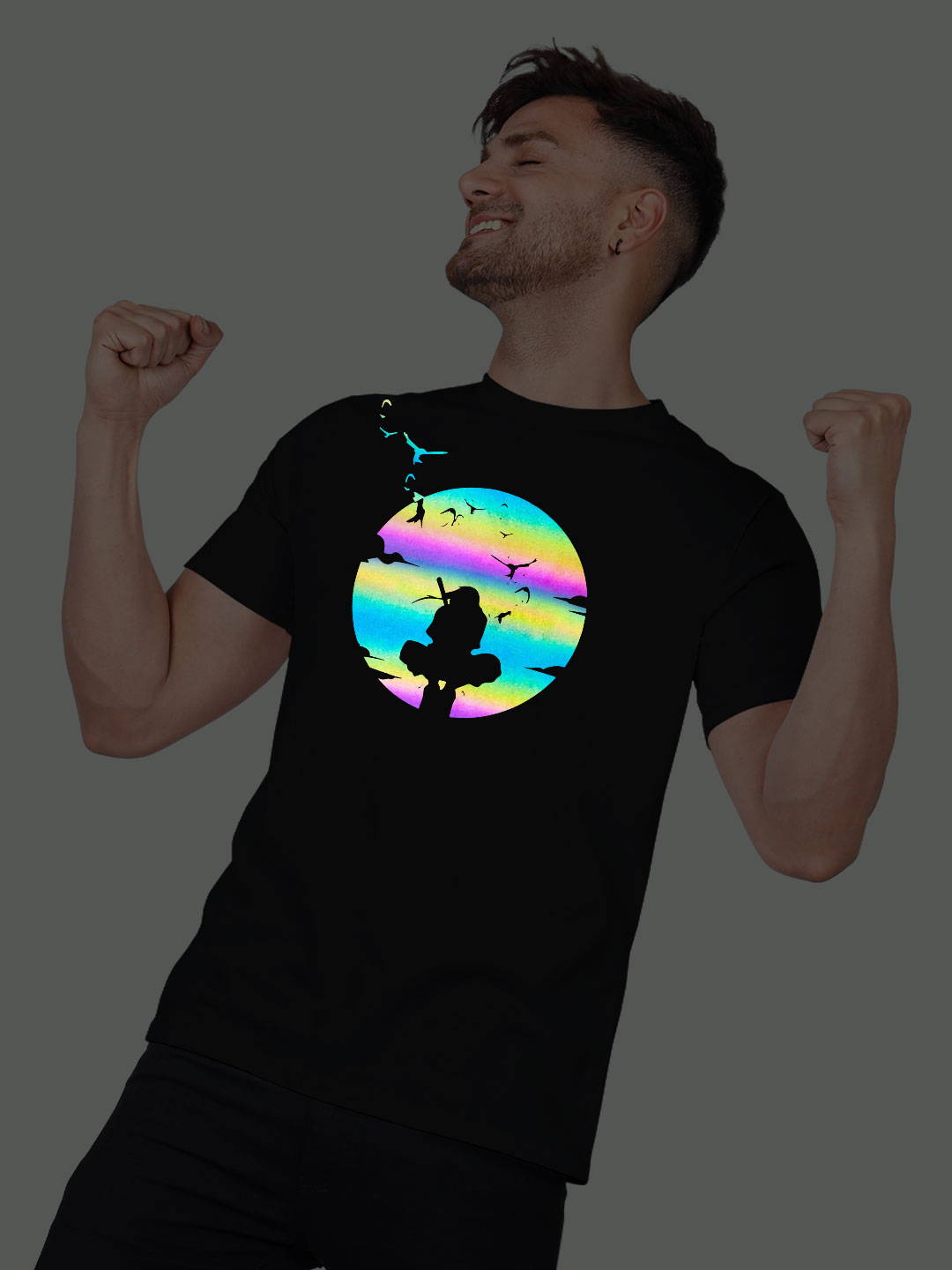 Black Cotton Naruto Men Rainbow Reflective T-shirt