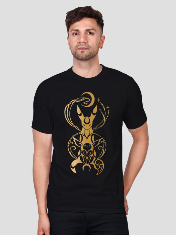 Black Cotton Eevee and Umbreaon Men Gold Printed T-shirt