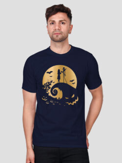 Nblue Cotton Halloween Night Men Gold Printed T-shirt