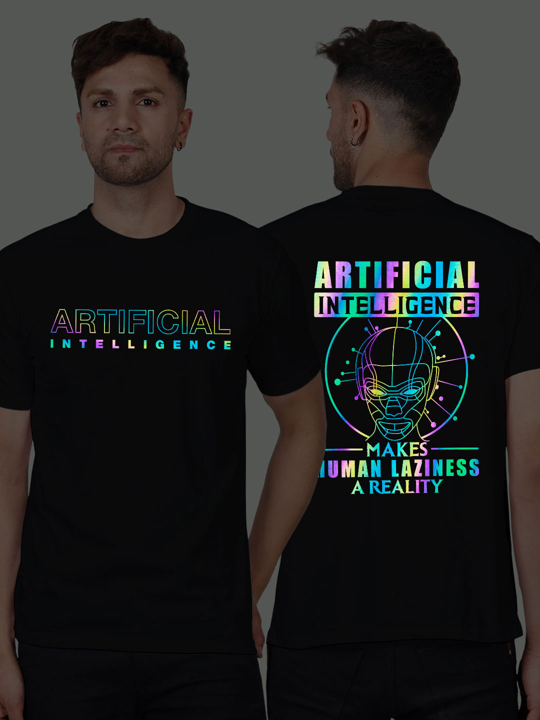 Black Cotton Artificial Inteligence Men Rainbow Reflective T-shirt