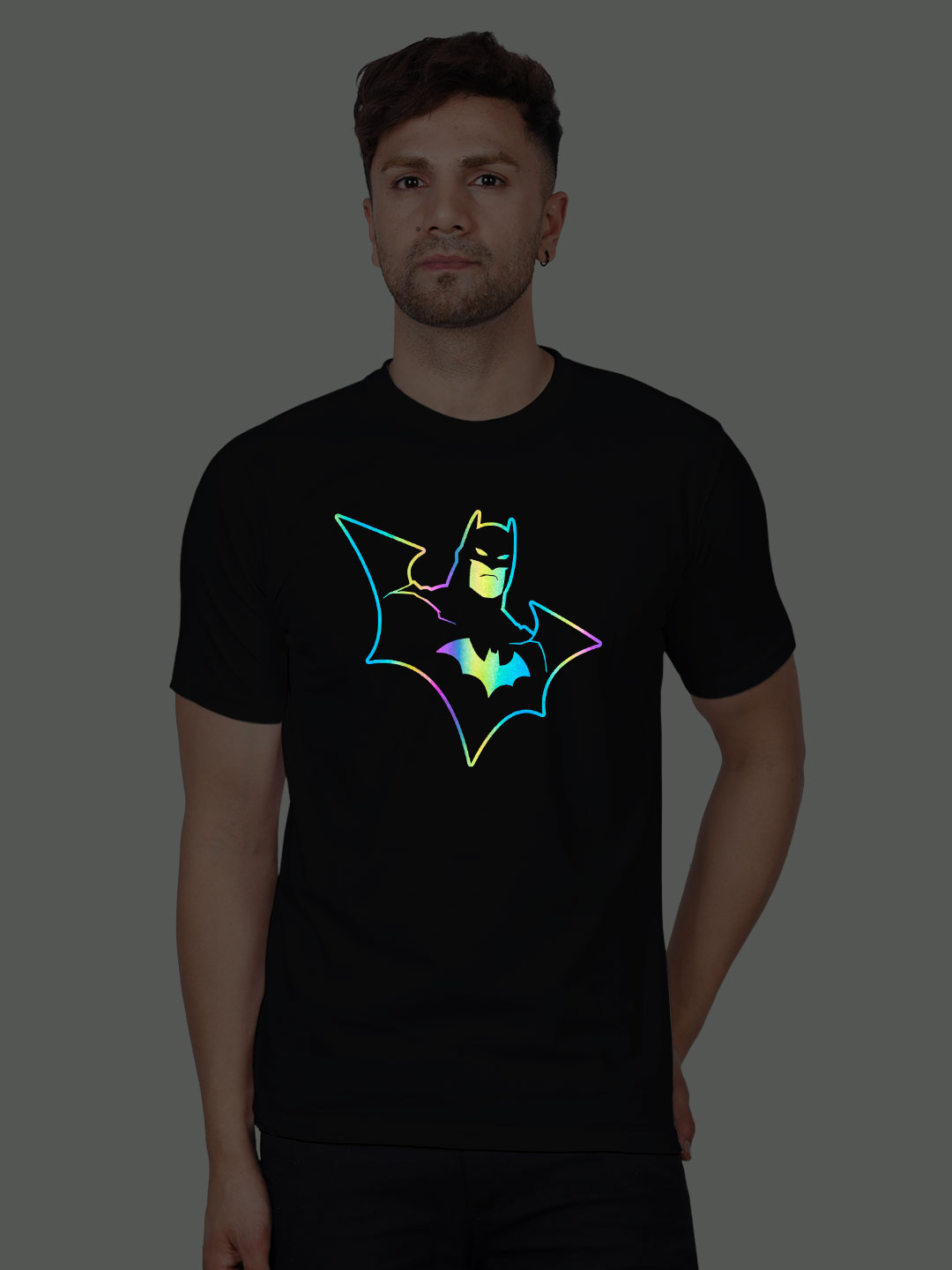 Black Cotton Batman Men Rainbow Reflective T-shirt