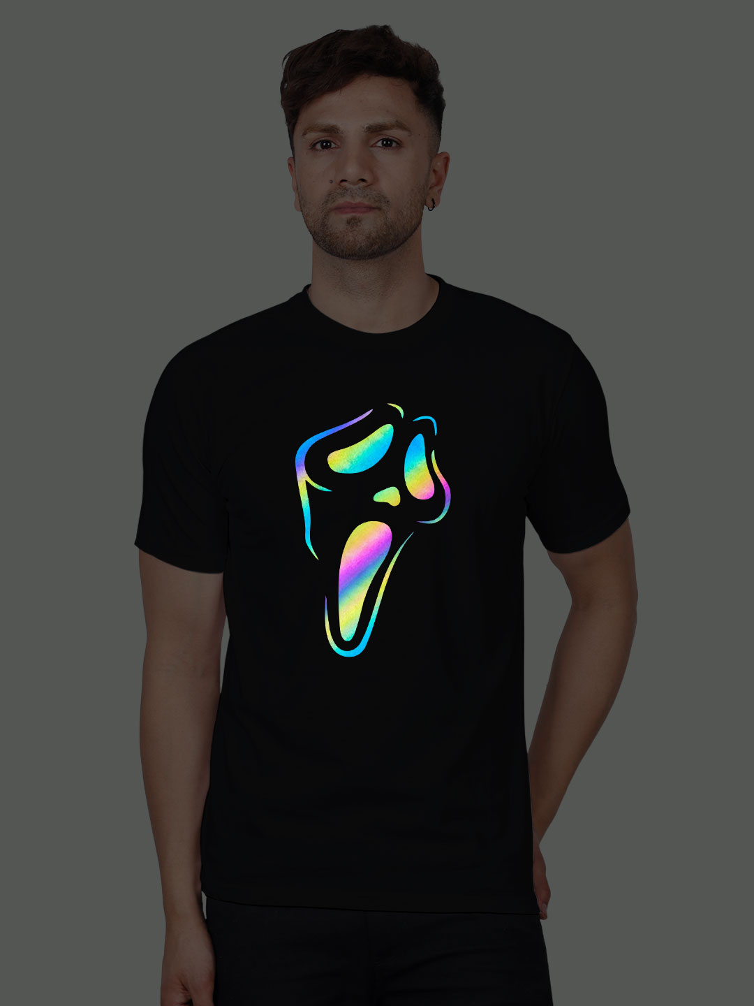 Black Cotton Ghost Men Rainbow Reflective T-shirt