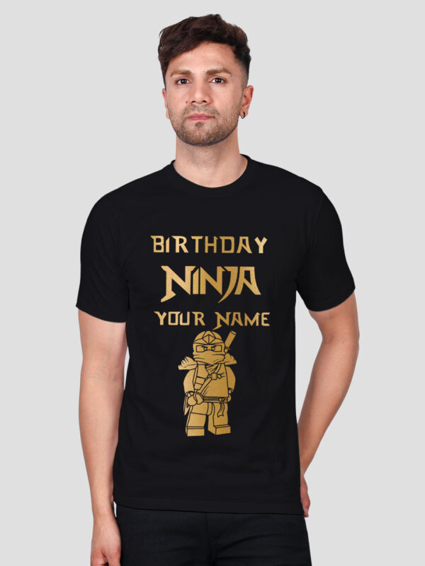 Black Cotton Birthday Ninja Men Gold Printed T-shirt