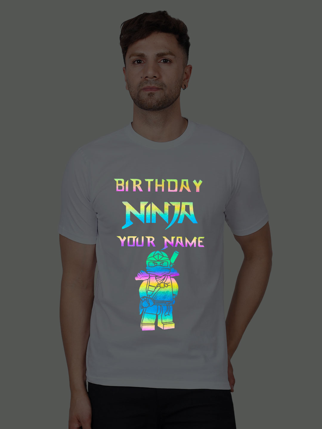 White Cotton Birthday Ninja Men Rainbow Reflective T-shirt