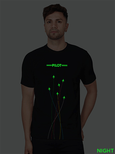 Black Cotton Pilot Fly Men Glow in Dark T-shirt