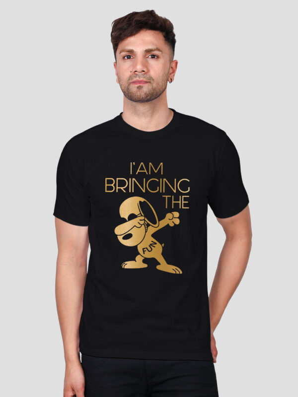 Black Cotton Bringing the fun Men Gold Printed T-shirt