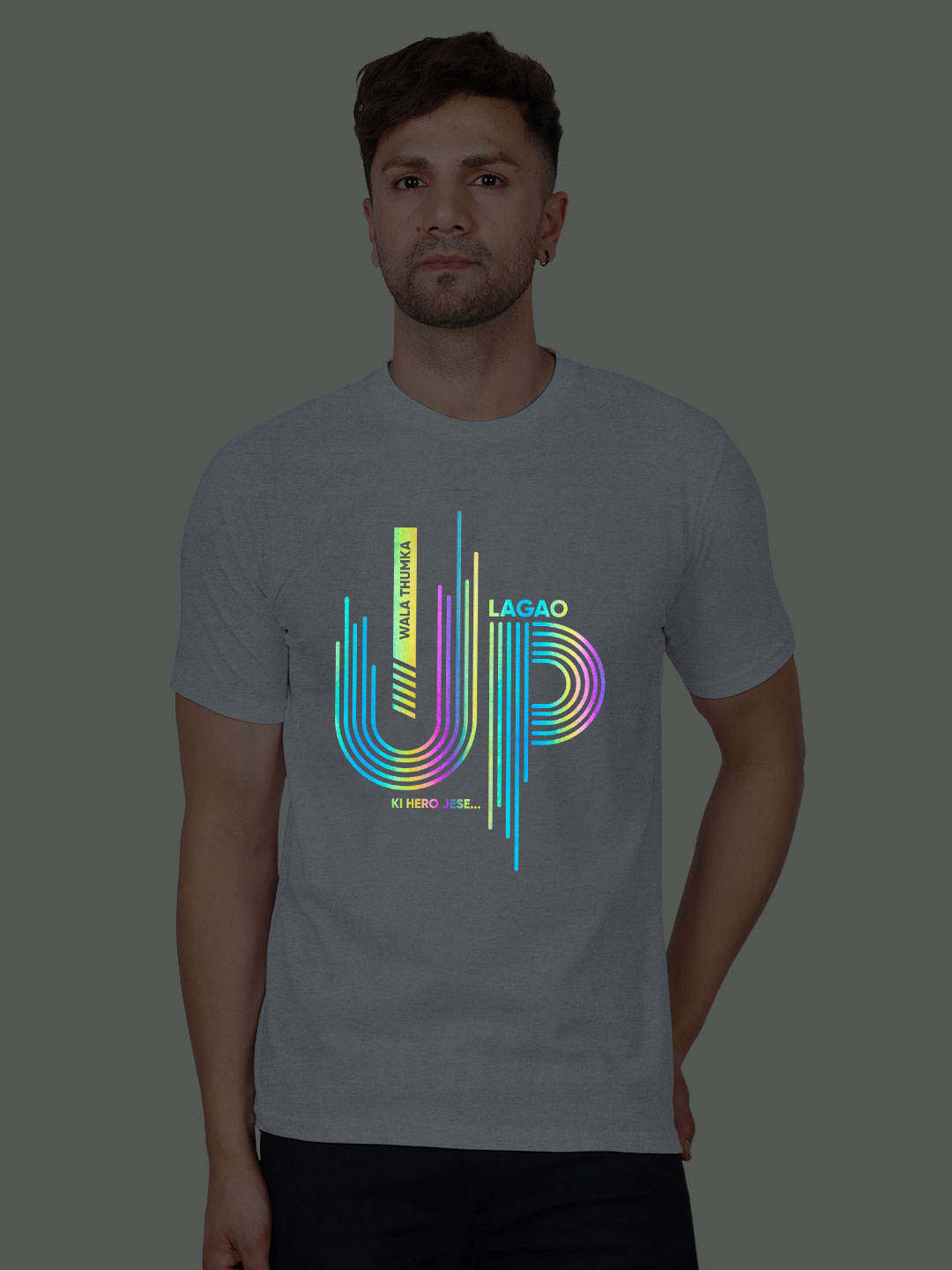Grey Cotton Up Wala Thumka Lagao Men Rainbow Reflective T-shirt