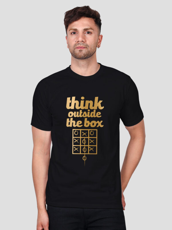 Black Cotton Think Out Side the Box Men Gold Printed T-shirt