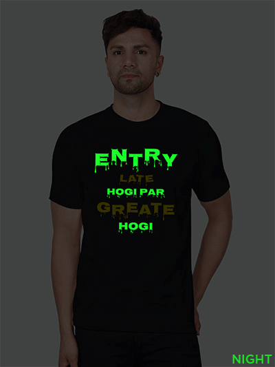 Black Cotton Entry Late Hogi pr Great Hogi Men Glow in Dark T-shirt