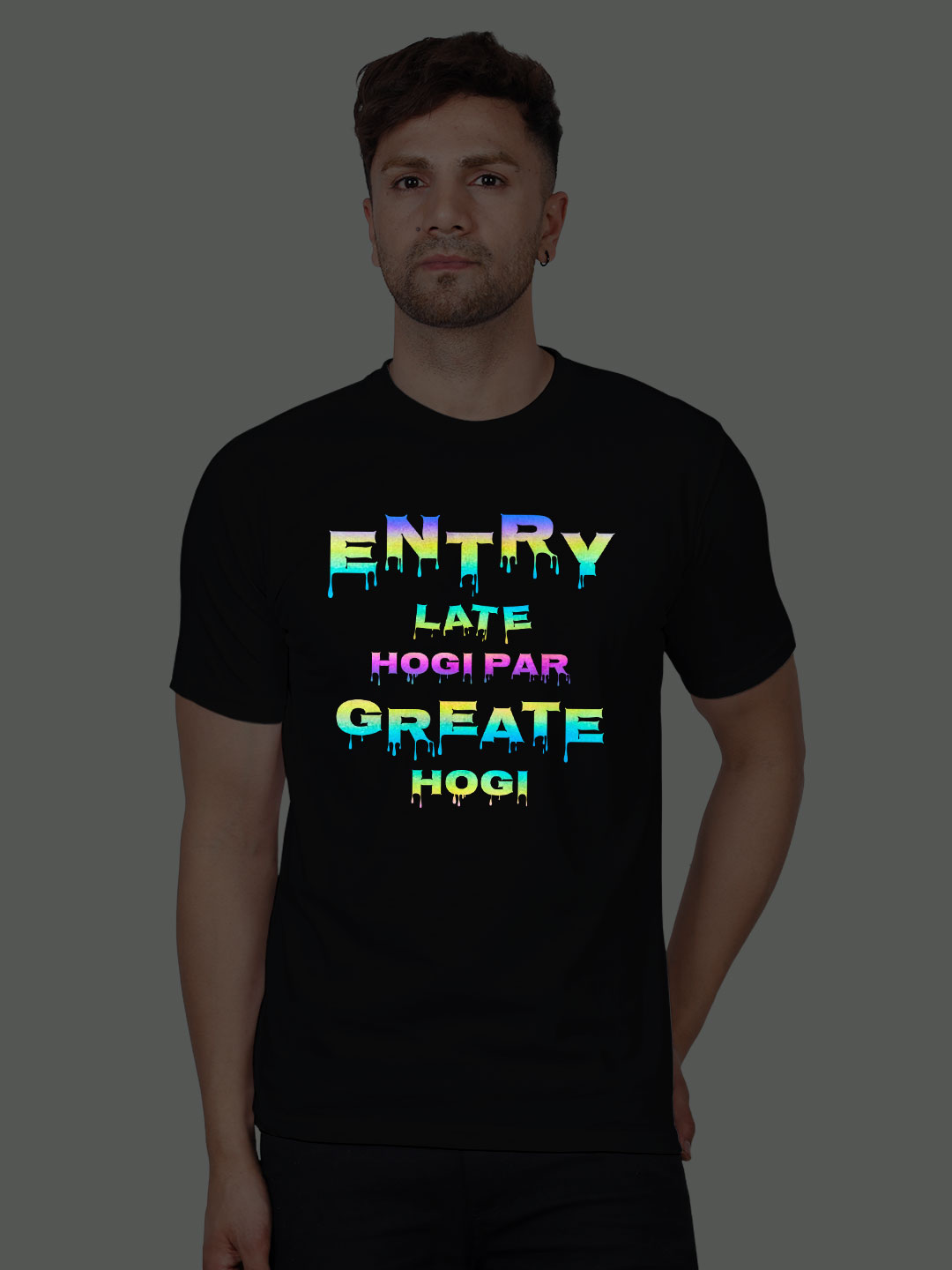 Black Cotton Entry Late Hogi pr Great Hogi Men Rainbow Reflective T-shirt