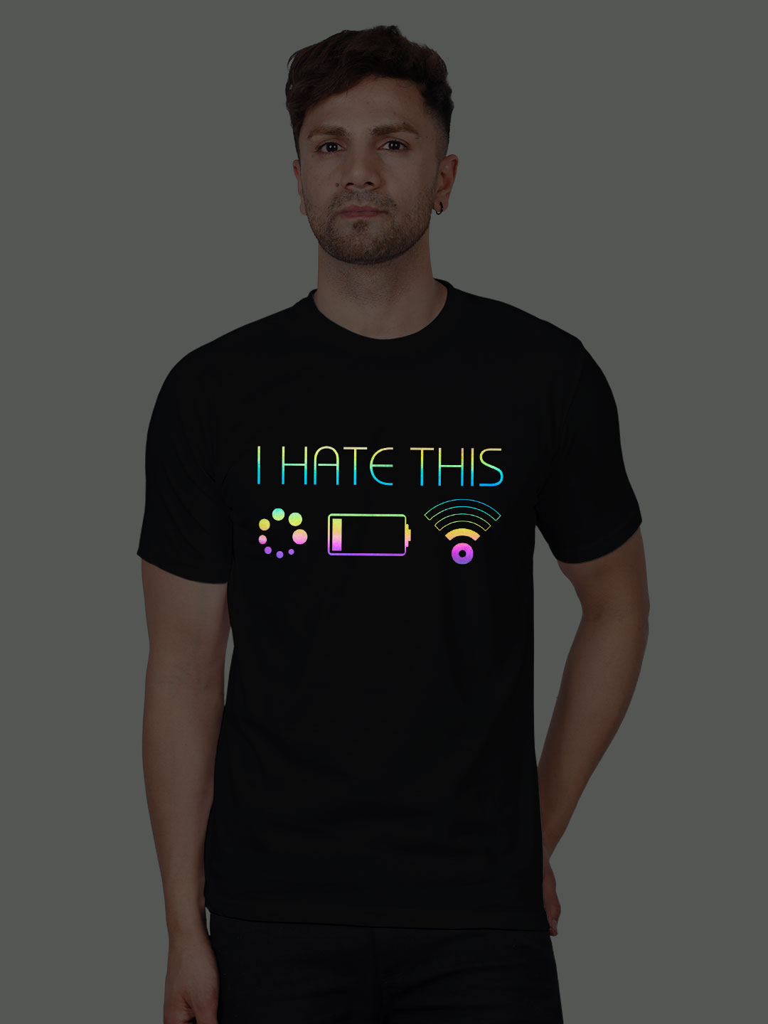Black Cotton I Hate This Men Rainbow Reflective T-shirt