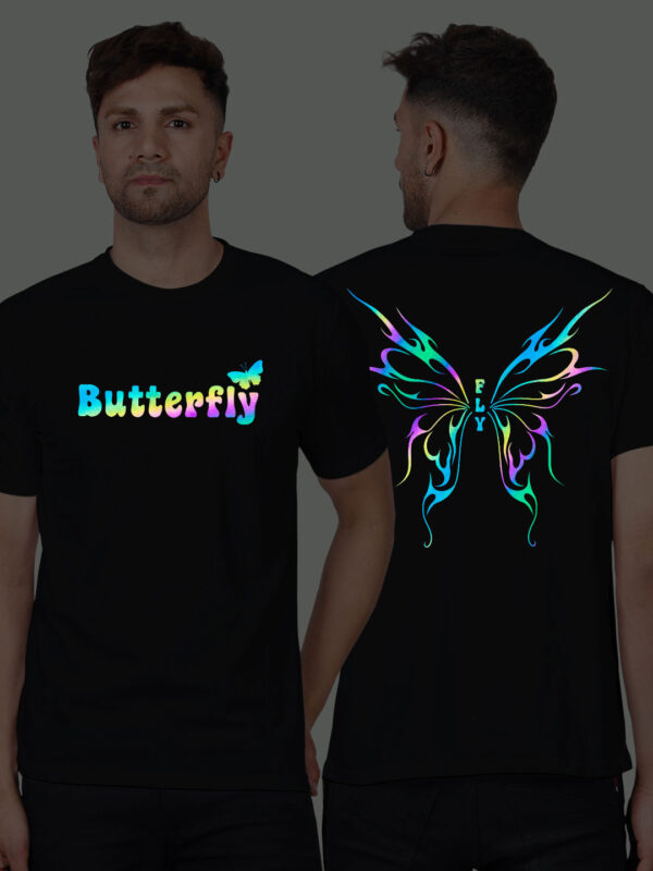 Black Cotton Butterfly Wings Men Rainbow Reflective T-shirt