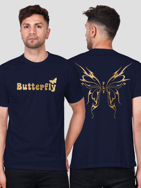 Nblue Cotton Butterfly Wings Men Gold Printed T-shirt