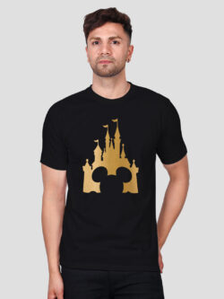 Black Cotton Disney Micky Castle Men Gold Printed T-shirt