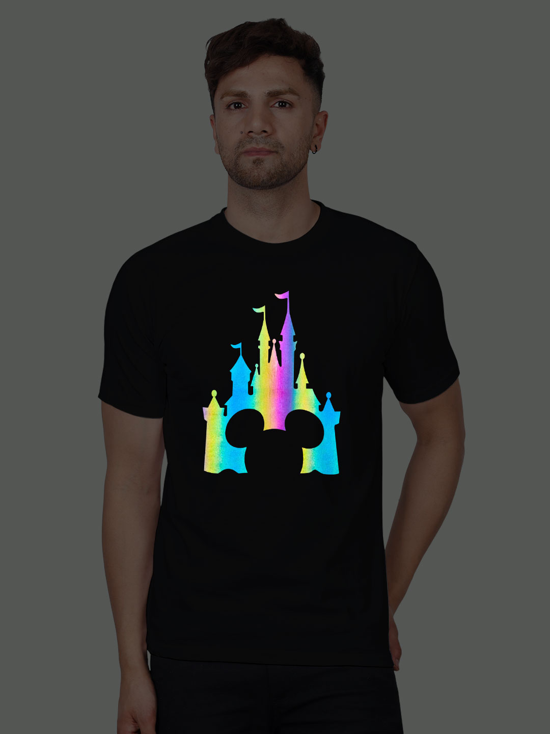 Black Cotton Disney Micky Castle Men Rainbow Reflective T-shirt