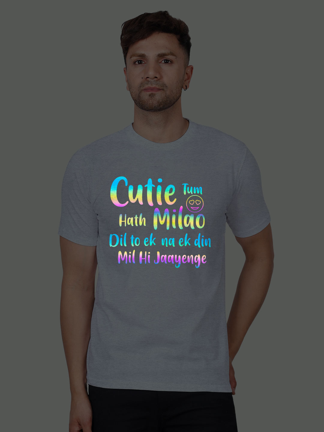 Grey Cotton Cutie Tum Hath Milaao Men Rainbow Reflective T-shirt