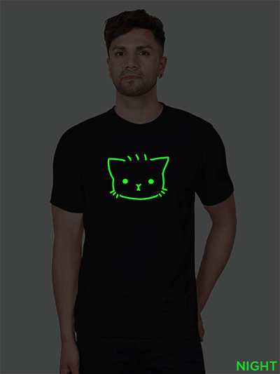 Black Cotton Cute Kitty Men Glow in Dark T-shirt