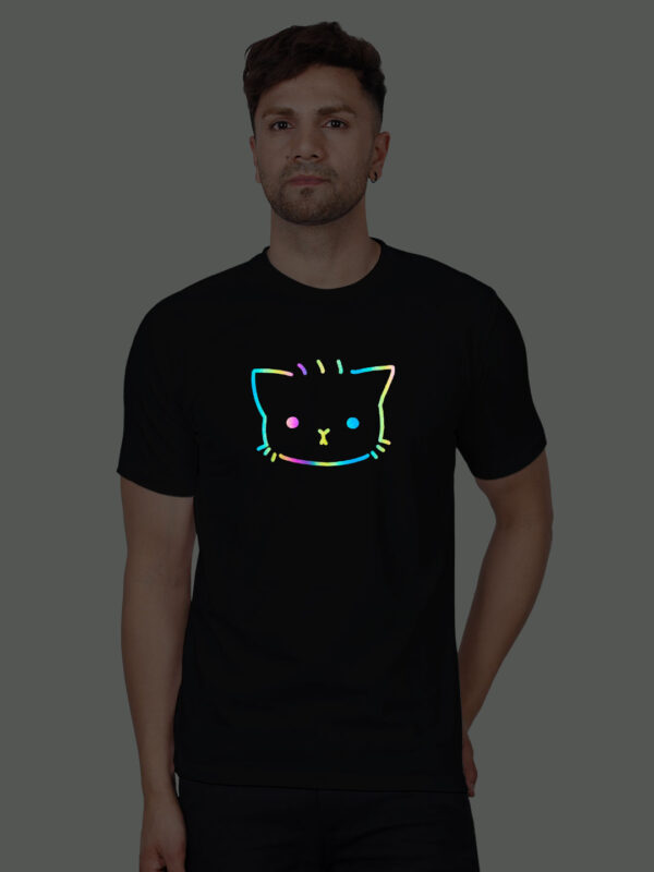 Black Cotton Cute Kitty Men Rainbow Reflective T-shirt