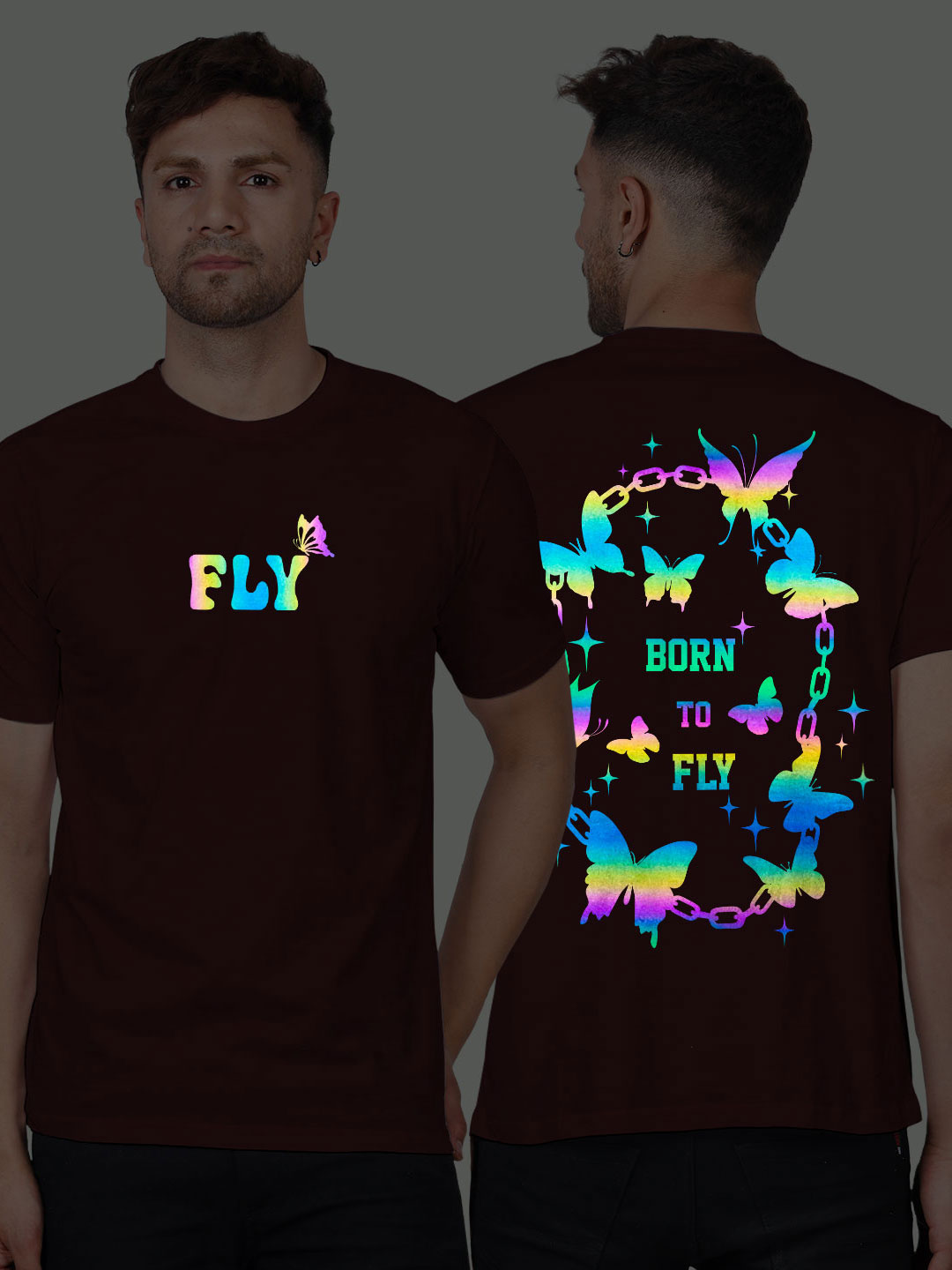 Maroon Cotton Born to Fly Men Rainbow Reflective T-shirt