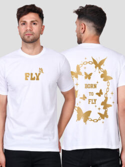 White Cotton Born to Fly Men Gold Printed T-shirt