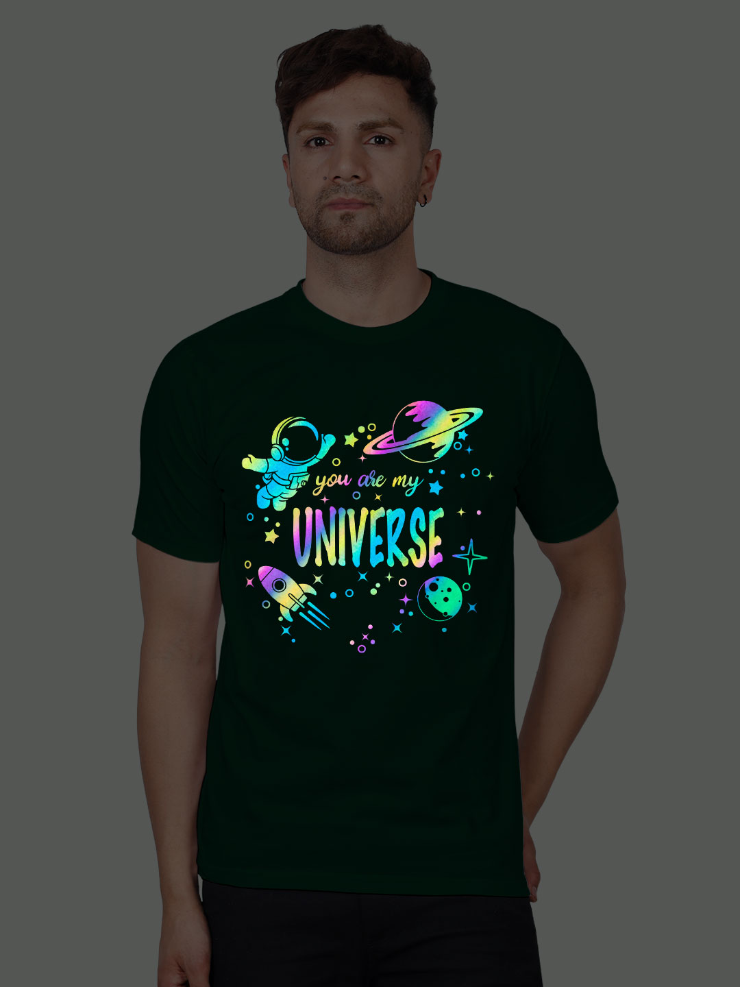 Bgreen Cotton Astronaut Universe Men Rainbow Reflective T-shirt