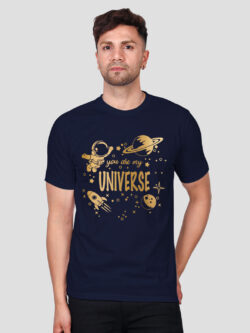 Nblue Cotton Astronaut Universe Men Gold Printed T-shirt