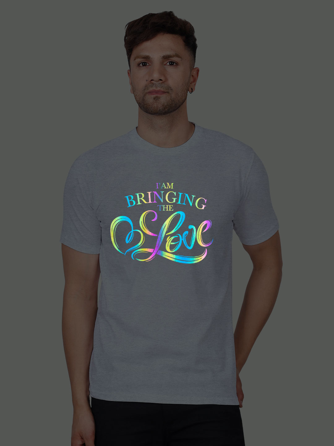 Grey Cotton Bringing the Love Men Rainbow Reflective T-shirt
