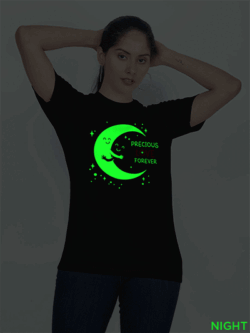 Black Cotton Moon Loves Night Glow in Dark Women T-shirt