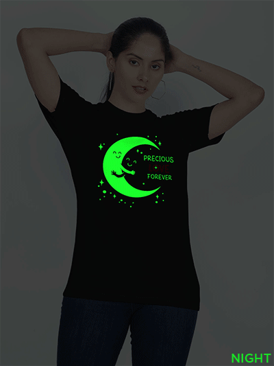 Black Cotton Moon Loves Night Glow in Dark Women T-shirt