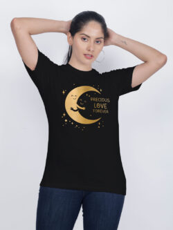 Black Cotton Moon Loves Night Gold Printed Printed Women T-shirt