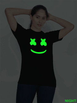 Black Cotton Marshmello Glow in Dark Women T-shirt